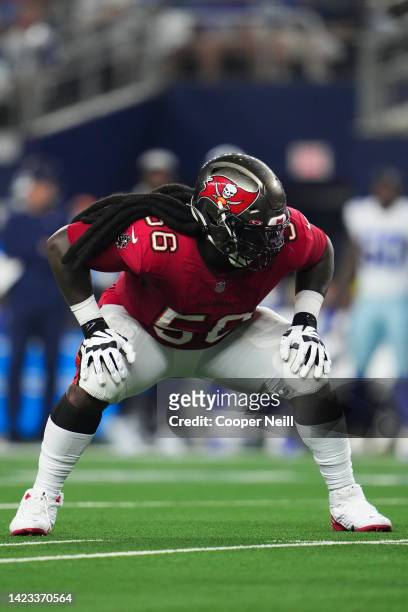 Rakeem Nunez-Roches of the Tampa Bay Buccaneers gets set against the Dallas Cowboys at AT&T Stadium on September 11, 2022 in Arlington, TX.