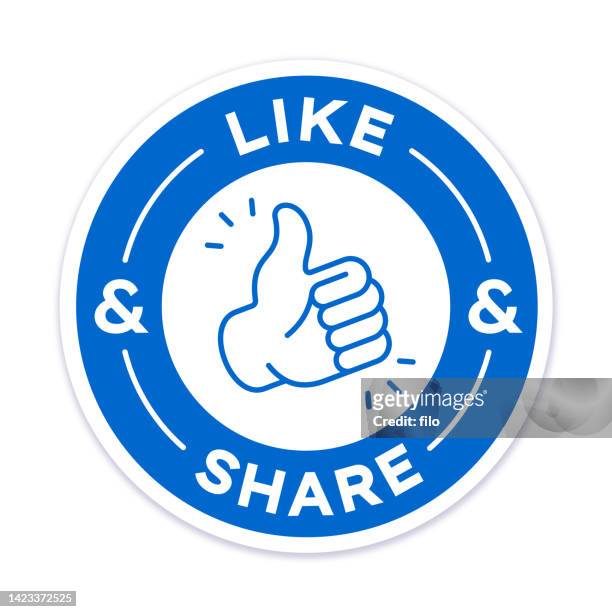 ilustraciones, imágenes clip art, dibujos animados e iconos de stock de me gusta y compartir insignia de redes sociales - botón me gusta