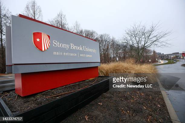 The main entrance to the Stony Brook University West Campus is shown on January 5, 2022.