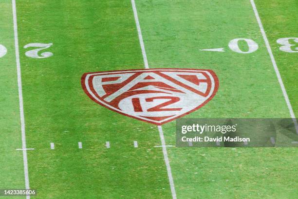 High angle view of the Pac-12 logo on the field of Stanford Stadium before a Pac-12 college football game between the USC Trojans and the Stanford...