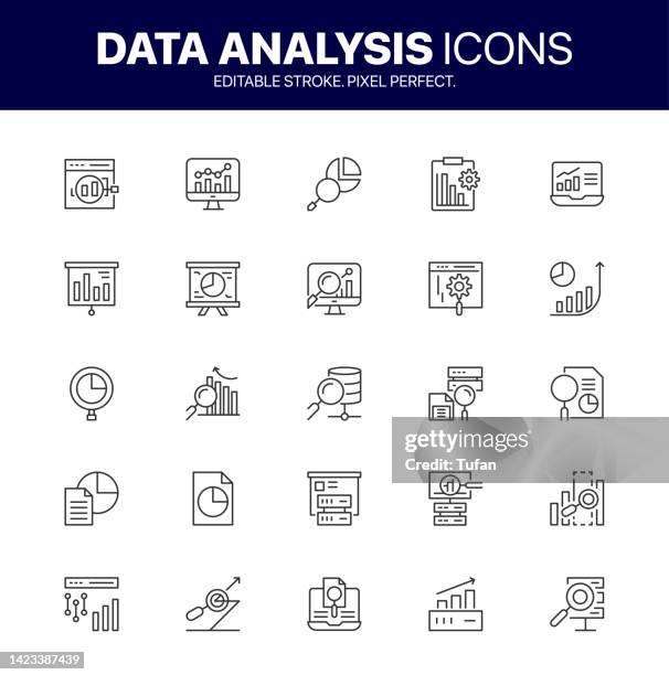 stockillustraties, clipart, cartoons en iconen met data analysis icon set. data processing, big data analysis and data growth increase line symbol set - analysegegevens