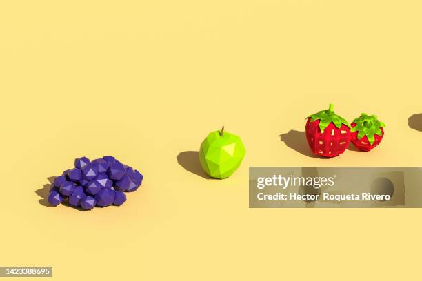 3d render of different fruits on yellow background lowpoly style,healthy life concept - kunst und handwerkserzeugnis stock-fotos und bilder