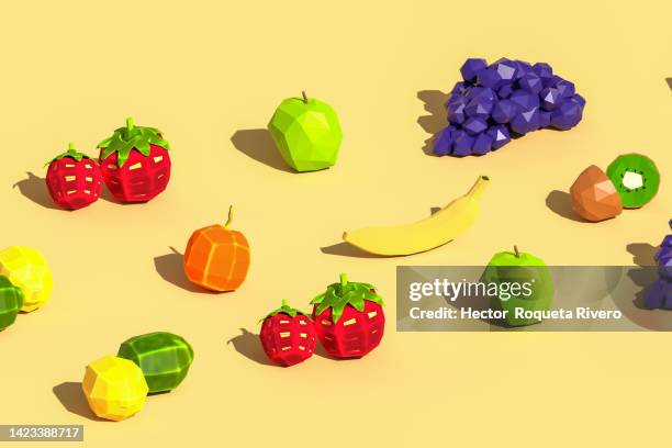 3d render of different fruits on yellow background lowpoly style,healthy life concept - kunst und handwerkserzeugnis stock-fotos und bilder