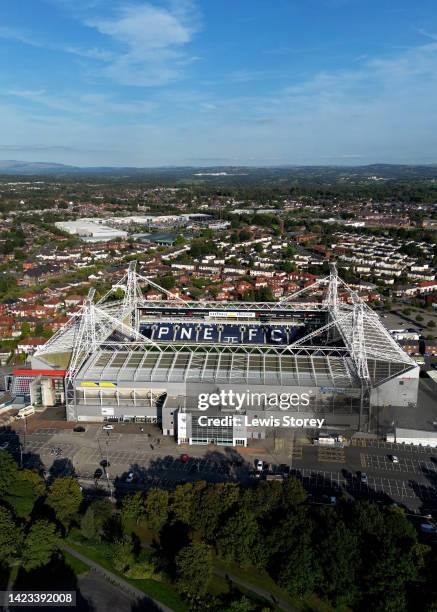 An aerial view of Deepdale is seen prior to the Sky Bet Championship between Preston North End and Burnley at Deepdale on September 13, 2022 in...