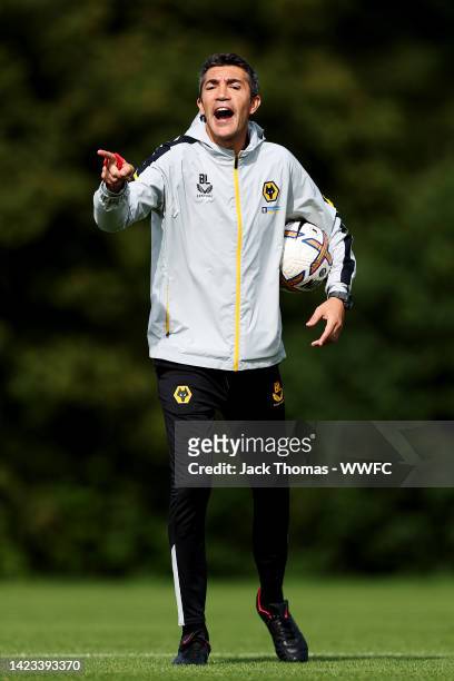 Bruno Lage, Manager of Wolverhampton Wanderers gives his team instructions during a Wolverhampton Wanderers Training Session at The Sir Jack Hayward...