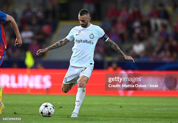 Marcelo Brozovic of FC Internazionale in action during the UEFA Champions League group C match between Viktoria Plzen and FC Internazionale at Doosan...