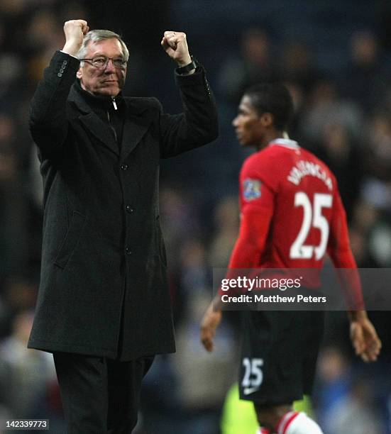 Sir Alex Ferguson of Manchester United celebrates at the final whistle during the Barclays Premier League match between Blackburn Rovers and...