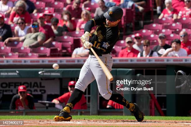 Bryan Reynolds of the Pittsburgh Pirates flies out in the first inning against the Cincinnati Reds during game one of a doubleheader at Great...