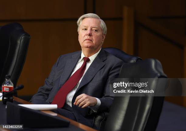 Sen. Lindsey Graham listens as Peiter “Mudge” Zatko, former head of security at Twitter, testifies during a Senate Judiciary Committee on data...