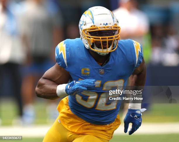 Khalil Mack of the Los Angeles Chargers rushes during a 24-19 Chargers win over the Las Vegas Raiders at SoFi Stadium on September 11, 2022 in...