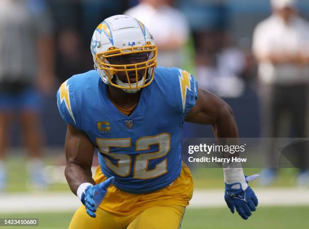 Khalil Mack of the Los Angeles Chargers rushes during a 24-19 Chargers win over the Las Vegas Raiders at SoFi Stadium on September 11, 2022 in...