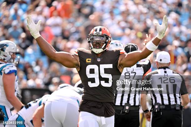 Myles Garrett of the Cleveland Browns reacts after a sack of Baker Mayfield of the Carolina Panthers during their game at Bank of America Stadium on...