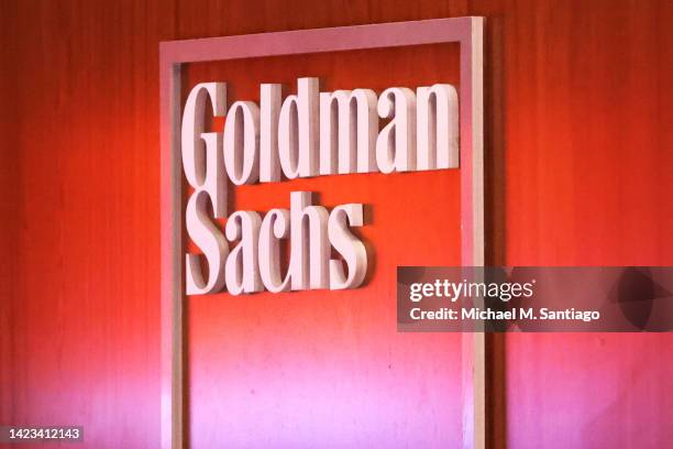 The Goldman Sachs logo is seen on at the New York Stock Exchange on September 13, 2022 in New York City. Goldman Sachs announced today a plan to cut...