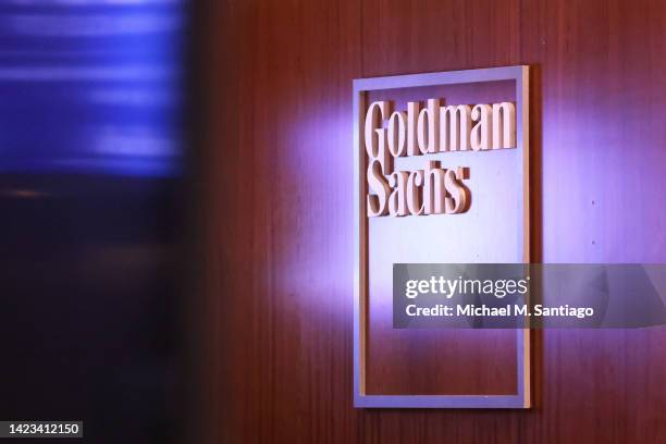 The Goldman Sachs logo is seen on at the New York Stock Exchange on September 13, 2022 in New York City. Goldman Sachs announced today a plan to cut...