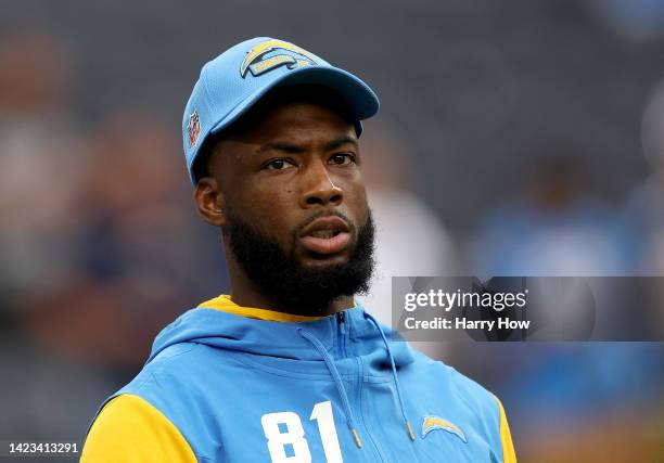 Mike Williams of the Los Angeles Chargers during warm up before the game against the Las Vegas Raiders at SoFi Stadium on September 11, 2022 in...