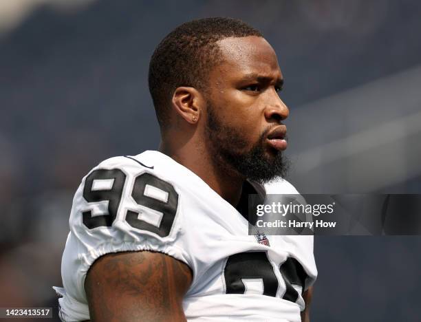 Clelin Ferrell of the Las Vegas Raiders during warm up before the game against the Los Angeles Chargers at SoFi Stadium on September 11, 2022 in...