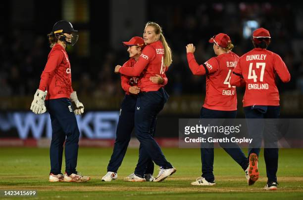 Sophie Ecclestone of England celebrates with teammates after dismissing Shafali Verma of India during the 2nd Vitality IT20 between England Women and...