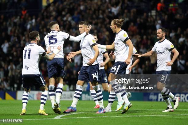 Jordan Storey of Preston North End celebrates after scoring their side's first goal with Troy Parrott during the Sky Bet Championship between Preston...