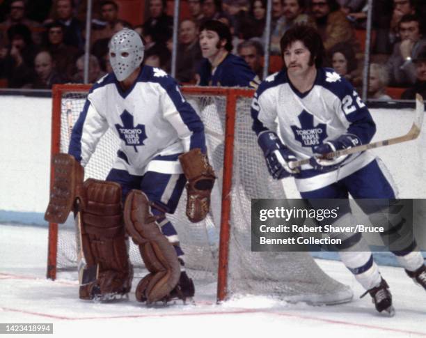 Jacques Plante and Dave Fortier of the Toronto Maple Leafs circa 1980 in New York, New York.