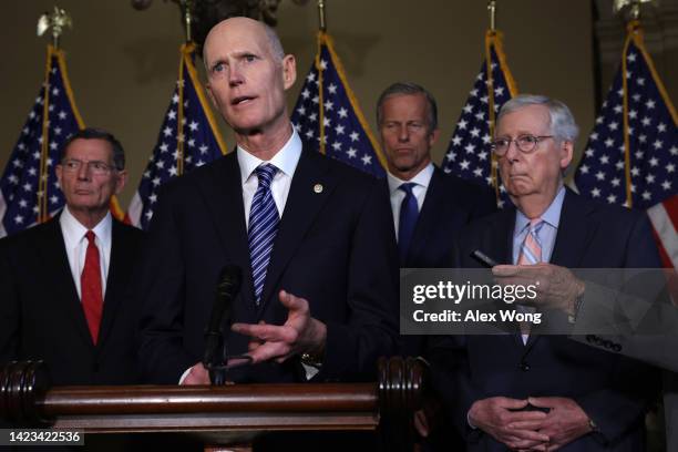 Sen. Rick Scott speaks to members of the press as Senate Minority Leader Sen. Mitch McConnell , Senate Minority Whip Sen. John Thune and Sen. John...