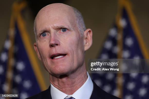 Sen. Rick Scott speaks to members of the press after a weekly Republican policy luncheon at the U.S. Capitol September 13, 2022 in Washington, DC....