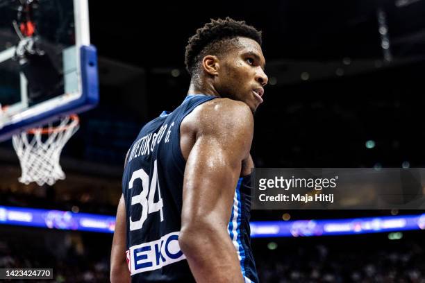 Giannis Antetokounmpo of Greece looks on during the FIBA EuroBasket 2022 quarterfinal match between Germany v Greece at EuroBasket Arena Berlin on...