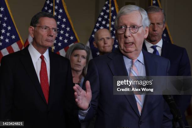 Senate Minority Leader Sen. Mitch McConnell speaks to members of the press as Sen. John Barrasso , Sen. Joni Ernst , Sen. Rick Scott , and Senate...