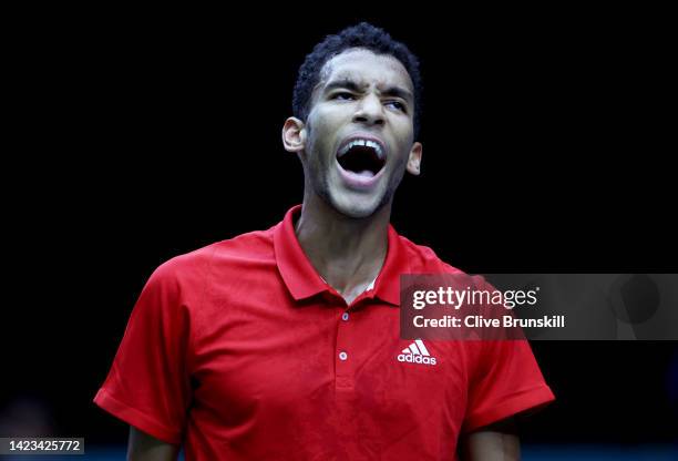 Felix Auger-Aliassime of Canada shows his frustration during his straight sets defeat against Soonwoo Kwon of Korea Republic during the Davis Cup...