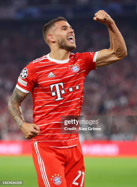 Lucas Hernandez of Bayern Munich celebrates scoring their side's first goal during the UEFA Champions League group C match between FC Bayern München...