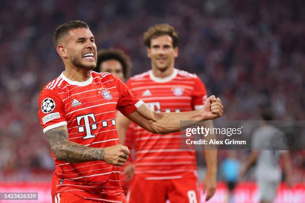 Lucas Hernandez of Bayern Munich celebrates scoring their side's first goal during the UEFA Champions League group C match between FC Bayern München...