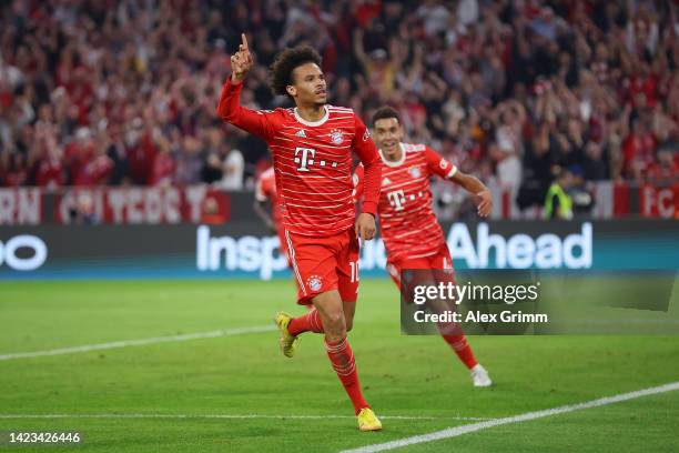 Leroy Sane of Bayern Munich celebrates scoring their side's second goal during the UEFA Champions League group C match between FC Bayern München and...