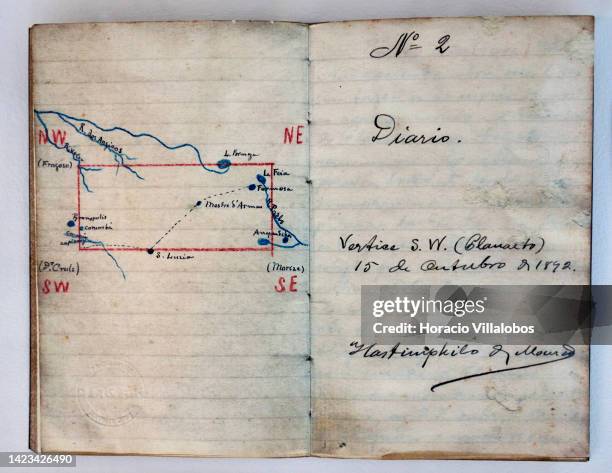 Notebook from 1892 survey expedition seen on display during a press visit to "Brasilia - From Utopia to Capital" exhibition on September 13, 2022 in...