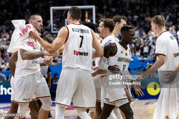 Players of Germany react during the FIBA EuroBasket 2022 quarterfinal match between Germany v Greece at EuroBasket Arena Berlin on September 13, 2022...