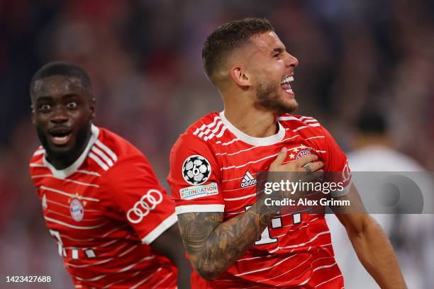 Lucas Hernandez of Bayern Munich celebrates scoring their side's first goal during the UEFA Champions League group C match between FC Bayern München...