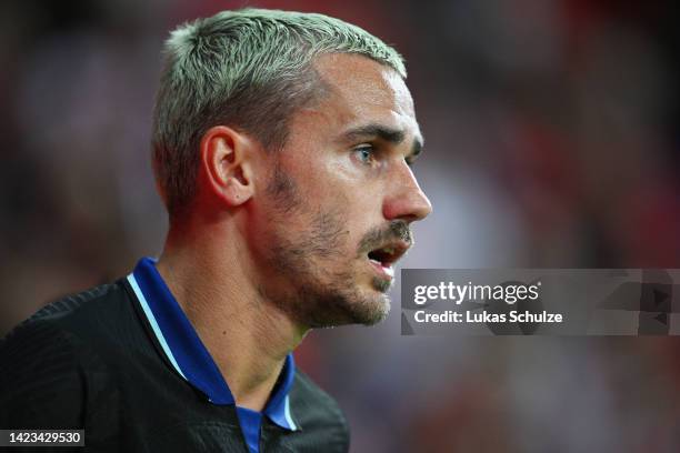 Antoine Griezmann of Atletico de Madrid looks on during the UEFA Champions League group B match between Bayer 04 Leverkusen and Atletico Madrid at...
