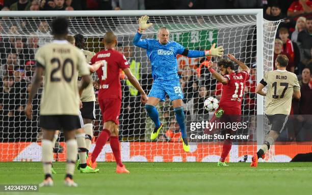 Mohamed Salah of Liverpool has a shot saved by Remko Pasveer of Ajax during the UEFA Champions League group A match between Liverpool FC and AFC Ajax...