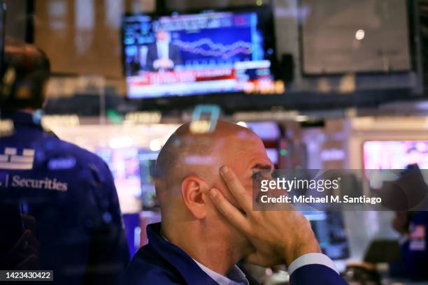 Traders work on the floor of the New York Stock Exchange during afternoon trading on September 13, 2022 in New York City. U.S. Stocks opened lower...