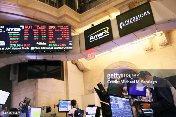 Trader Gregory Rowe works on the floor of the New York Stock Exchange during afternoon trading on September 13, 2022 in New York City. U.S. Stocks...