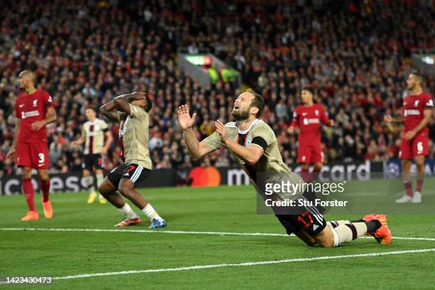 Daley Blind of Ajax reacts after a missed chance during the UEFA Champions League group A match between Liverpool FC and AFC Ajax at Anfield on...