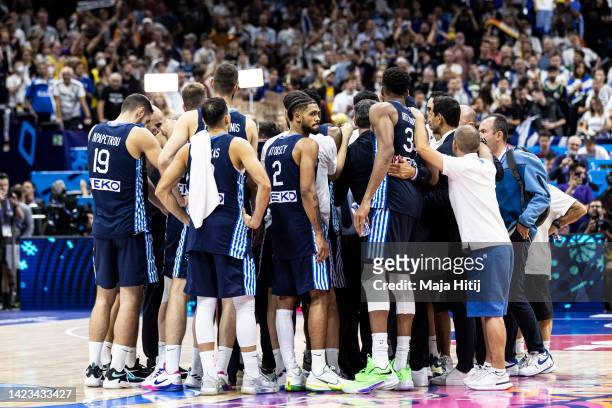 Players of Greece react after the FIBA EuroBasket 2022 quarterfinal match between Germany v Greece at EuroBasket Arena Berlin on September 13, 2022...