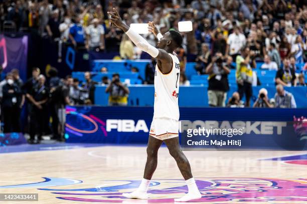 Dennis Schroder of Germany celebrates after the FIBA EuroBasket 2022 quarterfinal match between Germany v Greece at EuroBasket Arena Berlin on...