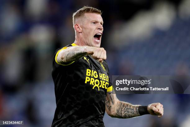 James McClean of Wigan Athletic celebrates following their sides victory in the Sky Bet Championship between Huddersfield Town and Wigan Athletic at...