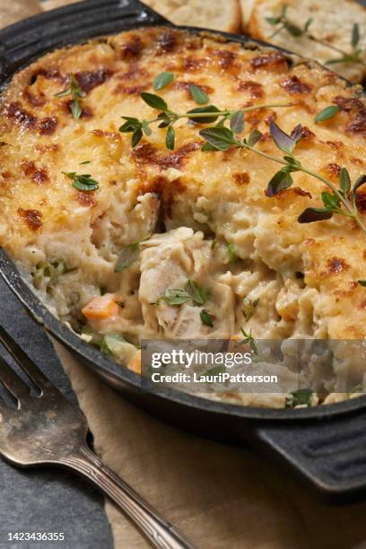 cremiger hühnchen-hirtenkuchen - pastetengericht stock-fotos und bilder