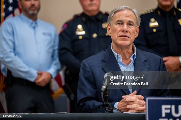 Texas Gov. Greg Abbott speaks at a press conference on September 13, 2022 in Houston, Texas. Gov. Greg Abbott alongside President of the Houston...