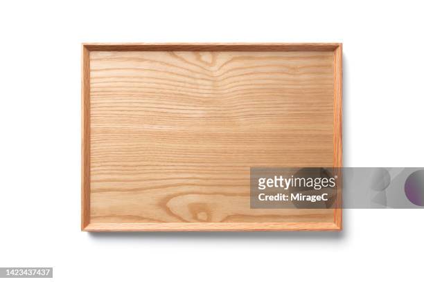 rectangle wooden serving tray isolated on white - bandeja fotografías e imágenes de stock