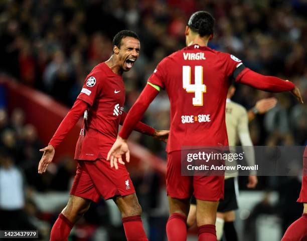 Joel Matip of Liverpool celebrates after scoring the second goal during the UEFA Champions League group A match between Liverpool FC and AFC Ajax at...