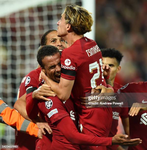 Joel Matip of Liverpool celebrates after scoring the second goal during the UEFA Champions League group A match between Liverpool FC and AFC Ajax at...