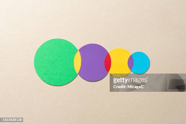 venn diagram composed of four crossing circles, paper cut craft - vier gegenstände stock-fotos und bilder