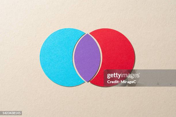 paper craft venn diagram composed of two crossing circles - two objects stock pictures, royalty-free photos & images