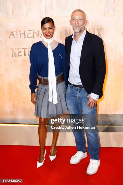 Tina Kunakey and Vincent Cassel attend the "Athena" photocall at Salle Pleyel on September 13, 2022 in Paris, France.